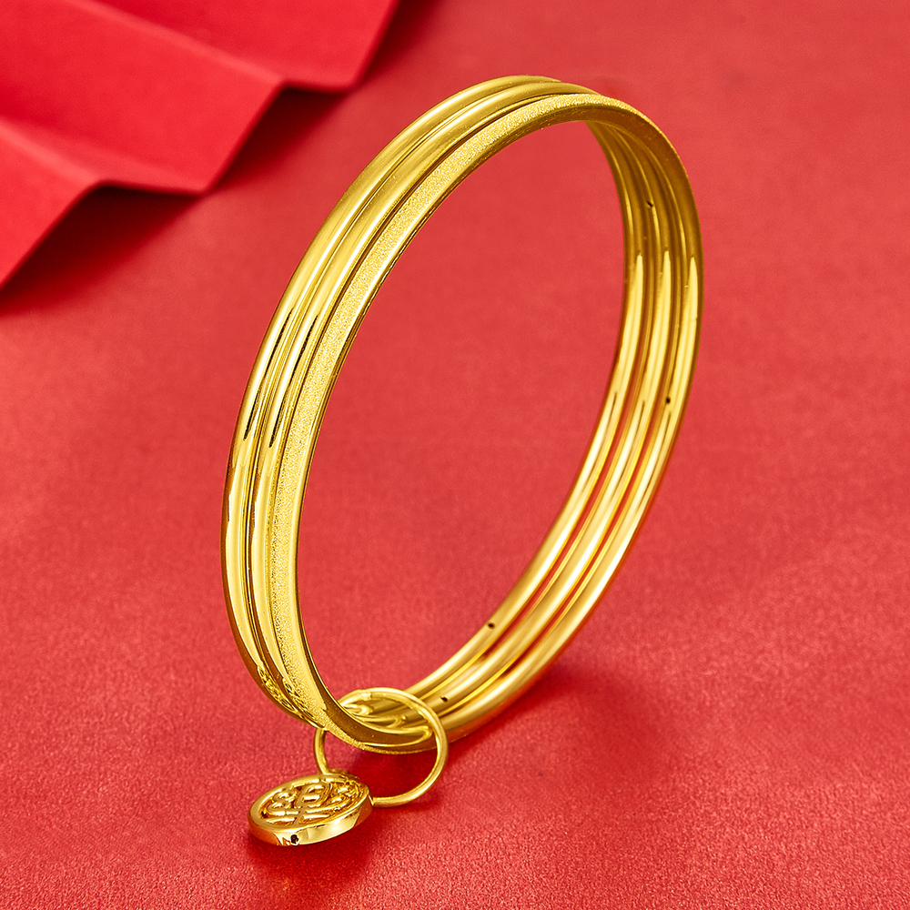 足金999 无氰5d三生三世乐字吊饰空心固口手镯