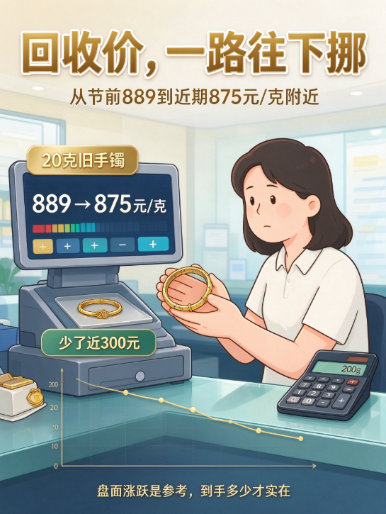 手上旧金饰缩水了:回收价从 889 退到 875,这十天发生了什么