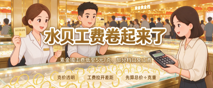 金价走低水贝卷工费：素金镯免工费，跟金条同价